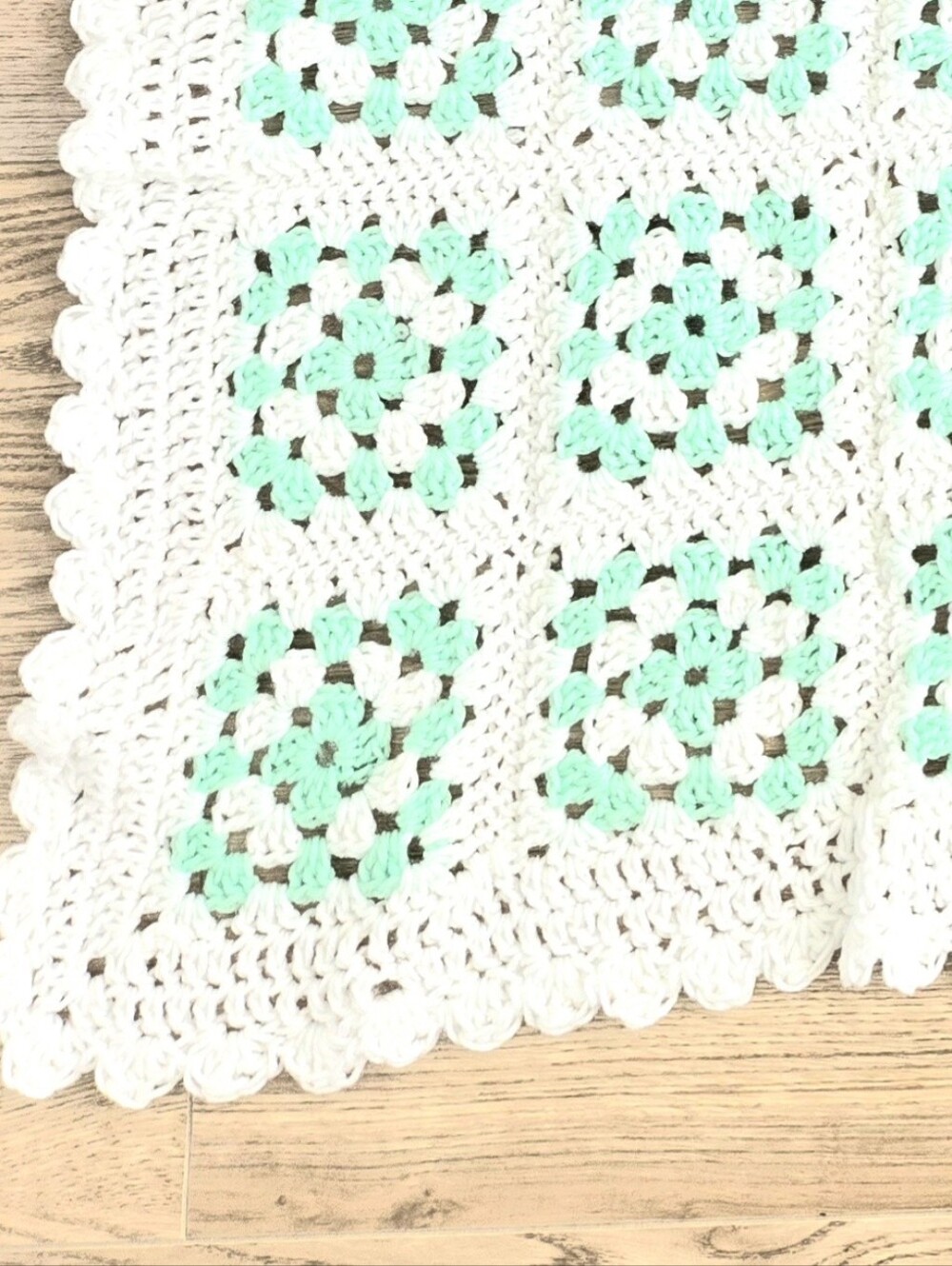 Handmade Crochet Acrylic Baby Crib/Stroller Blanket, Mint Green & White 45"x43"